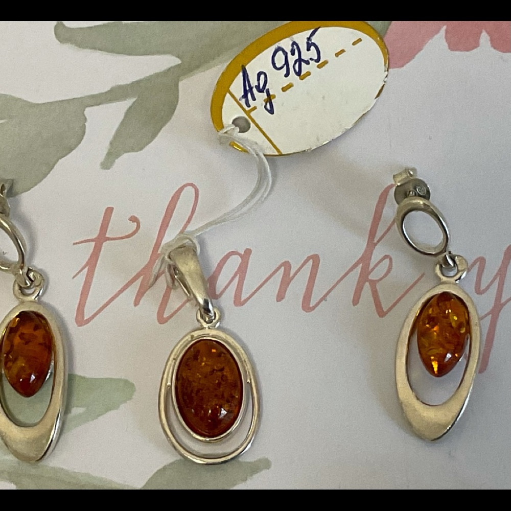 Sterling Silver Baltic Amber Earrings and Pendant